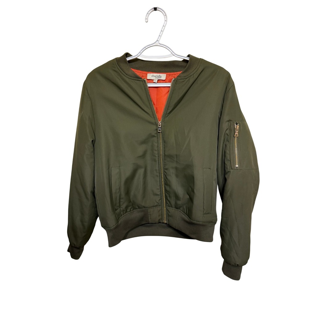 Charlotte Russe Olive Green Bomber Jacket Orange Lined Zip Pocket Size L